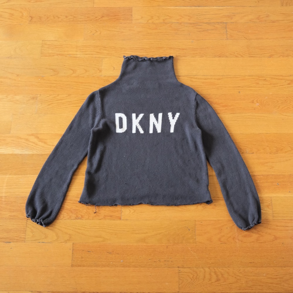 DKNY Sweater Womens Navy Logo Mock Neck Lettuce Edge Vintage Y2K Small Knit